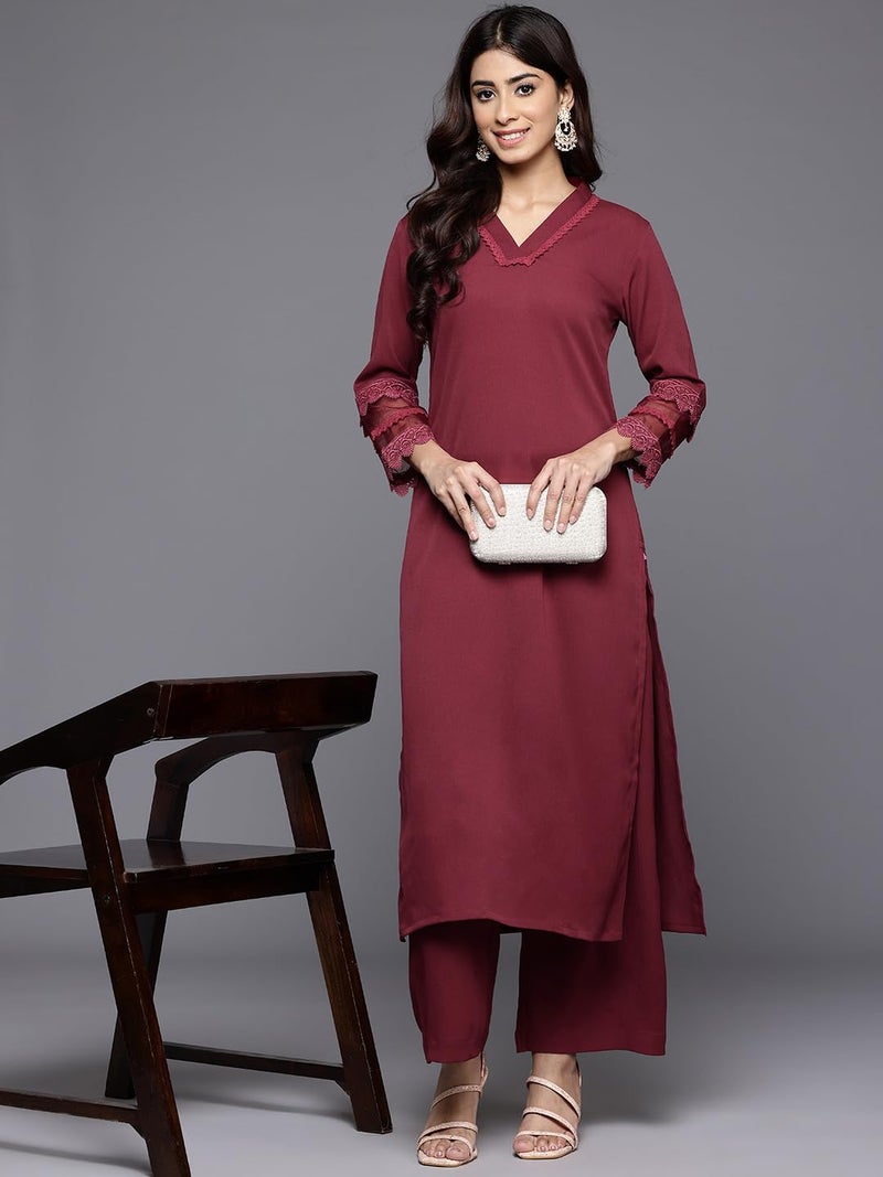 Varanga Women Maroon V Neck Three Quarter Sleeves Cotton Lace Straight Kurta with Tonal Bottom - Casual Ethnic Suit Set for Women (Extra Large) - Image 5