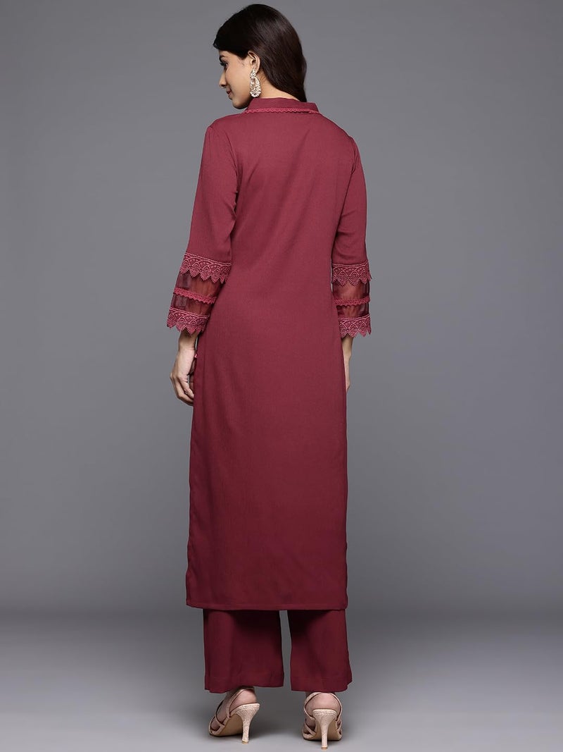 Varanga Women Maroon V Neck Three Quarter Sleeves Cotton Lace Straight Kurta with Tonal Bottom - Casual Ethnic Suit Set for Women (Extra Large) - Image 3
