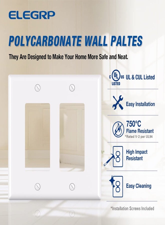 ELEGRP 2-Gang Decorative Wall Plates, Mid-Size 4.88" H x 4.94" L Unbreakable Thermoplastic Faceplate Cover for Decorator Receptacle Outlet Switch, UL Listed (5 Pack, Glossy White) - Image 2