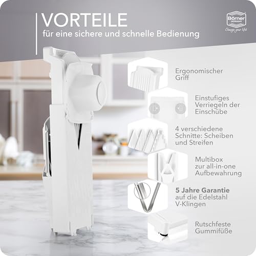 Börner V3 TrendLine Mandoline Starter Set (6 pcs.) • Vegetable Slicer (V-Slicer) + Safety Guard + Inserts + Collection Tray + Multibox • Kitchen Slicer Set (White) - Image 4