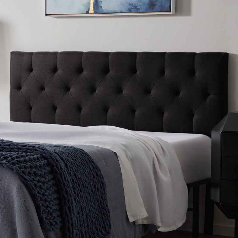 Lucid Mid-Rise Upholstered Headboard - Diamond Tufted - Padded Polyester - Adjustable Height from 34â€ to 46â€ - Easy Assembly - Bed Frame or Wall Mount - Sturdy - Black - Queen Size - Image 1
