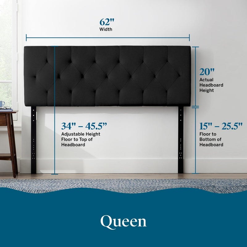 Lucid Mid-Rise Upholstered Headboard - Diamond Tufted - Padded Polyester - Adjustable Height from 34â€ to 46â€ - Easy Assembly - Bed Frame or Wall Mount - Sturdy - Black - Queen Size - Image 2