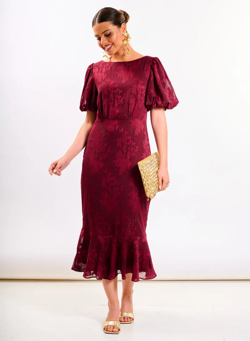 نيدز نو ليبل Burgundy Shimmer Puff Sleeve Midi Dress