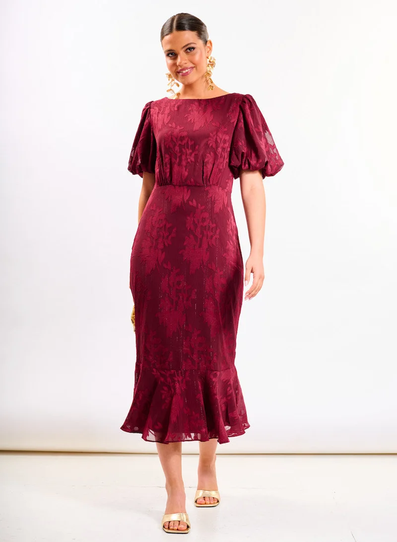 Burgundy Shimmer Puff Sleeve Midi Dress