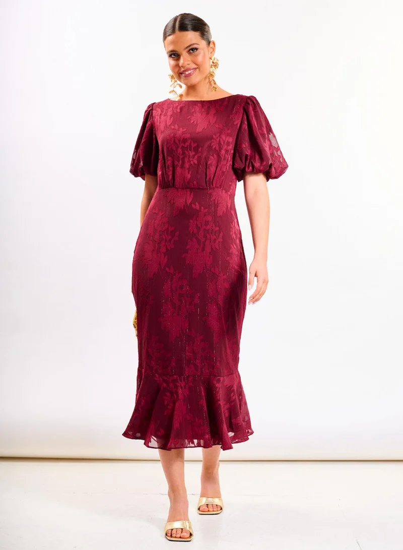 نيدز نو ليبل Burgundy Shimmer Puff Sleeve Midi Dress