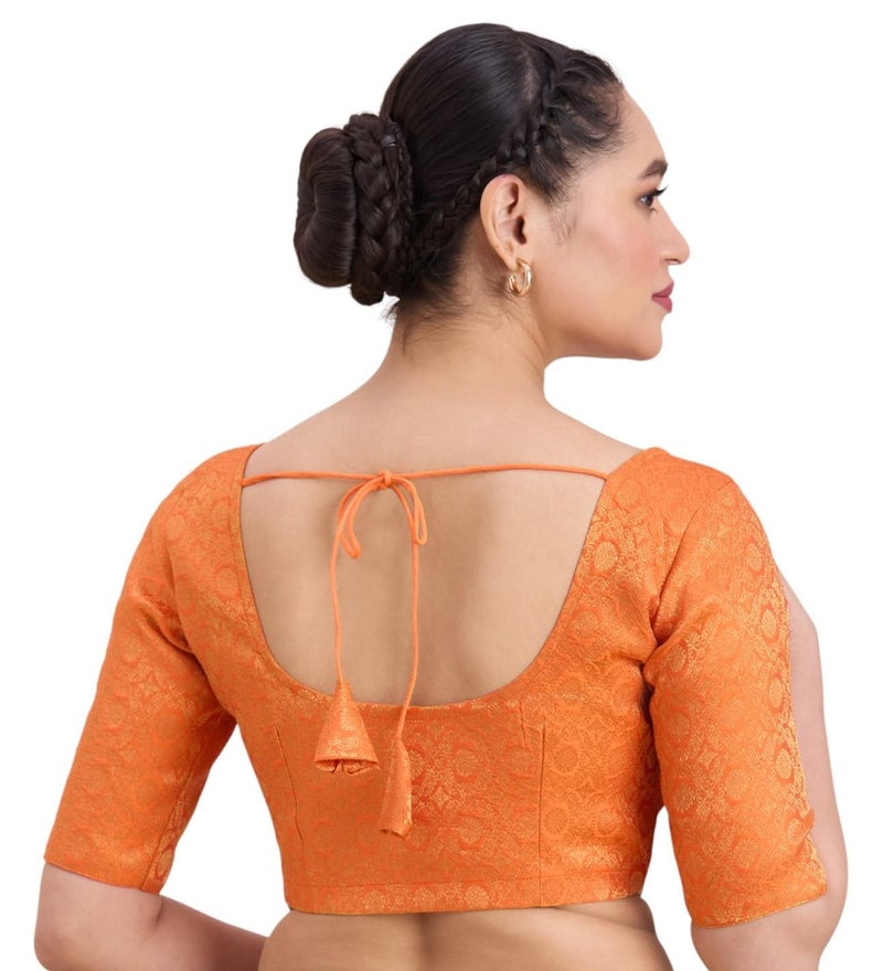 Studio Shringaar Women's Benaras Brocade Round Neck Readymade Saree Blouse (Orange, 34) - Image 2