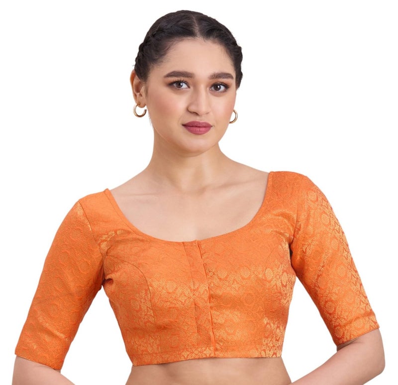 Studio Shringaar Women's Benaras Brocade Round Neck Readymade Saree Blouse (Orange, 34) - Image 1