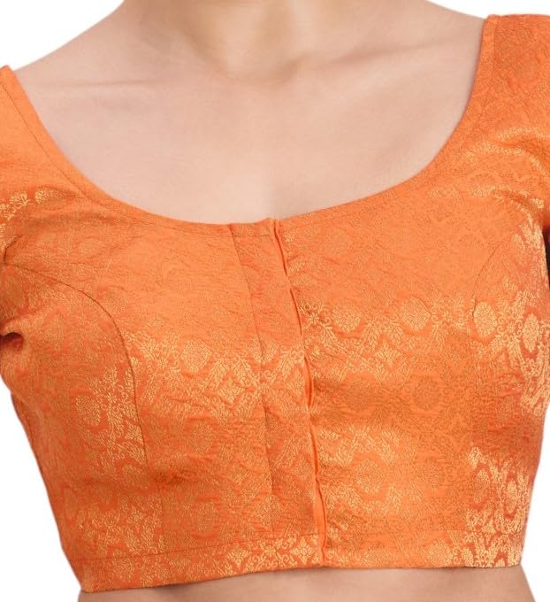 Studio Shringaar Women's Benaras Brocade Round Neck Readymade Saree Blouse (Orange, 34) - Image 3