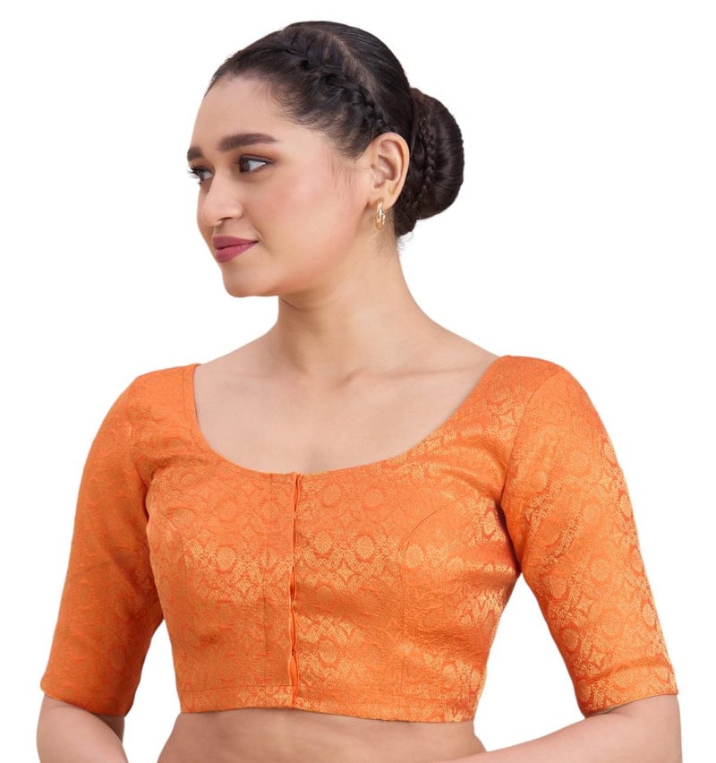 Studio Shringaar Women's Benaras Brocade Round Neck Readymade Saree Blouse (Orange, 34) - Image 5