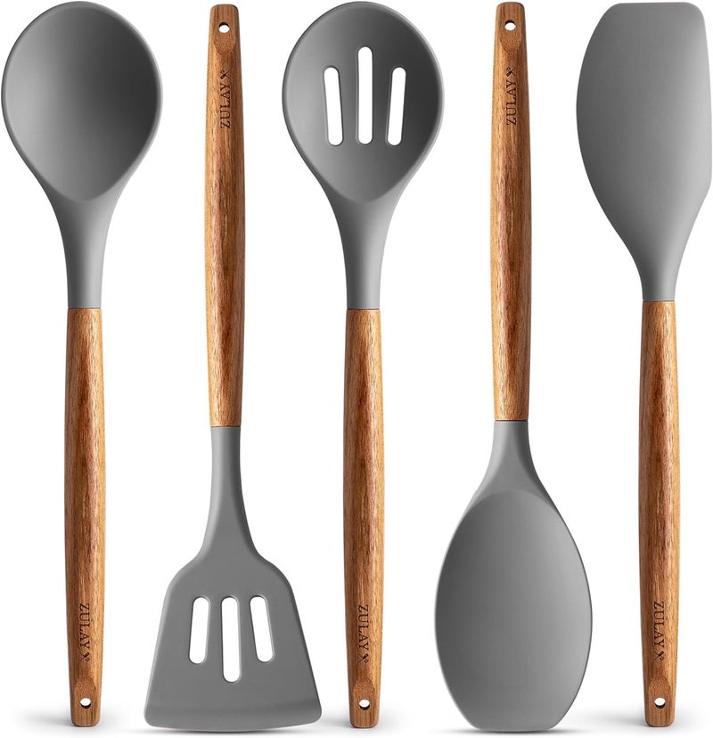 NowExp Silicone Spatula Set for Kitchen with Wooden Handle NonStick Silicon Cooking Utensils Set Spatula Cooking Tools BPA Free Kitchen Tools Set Set of 5 Grey - Image 1