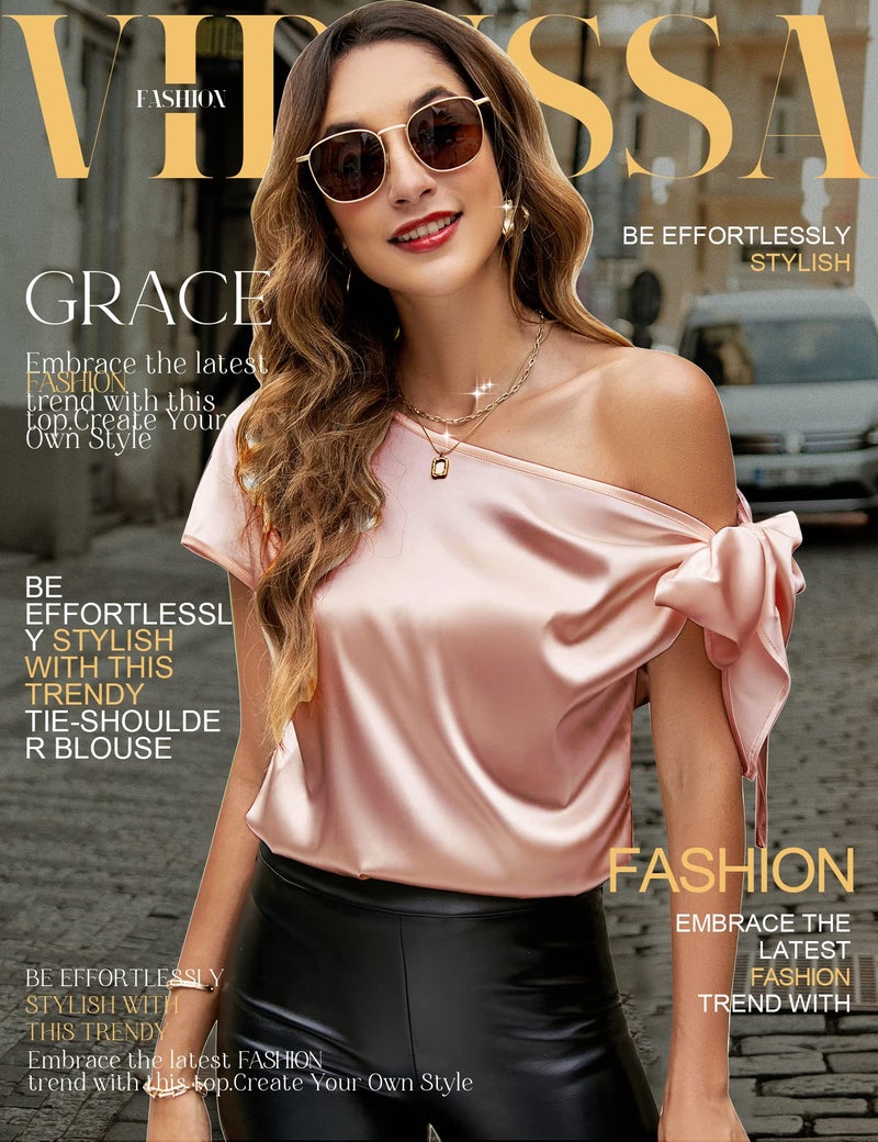 VIDUSSA Women's Off Shoulder Silk Tops Casual Short Sleeve Asymmetrical Neck Satin Blouse Shirts Light Pink XL - Image 2