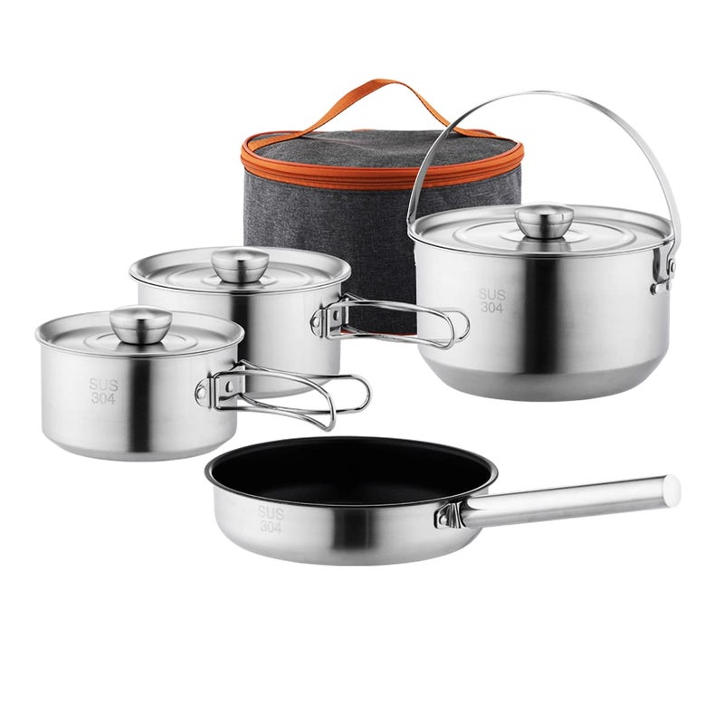 304 Stainless Steel Camping Cookware Set Pots and Pans for Campfire Cooking Includes Travel Tote Bag for 46 People