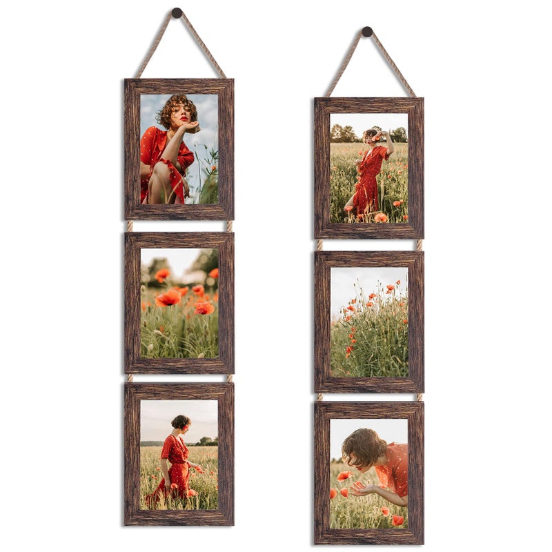 QUTREY Collage Picture Frames 5x7, 3 Openings Hanging Photo Frame Set for Vertical 5 by 7 inch Pictures for Wall, Distressed Brown, 2 Pack - Image 1