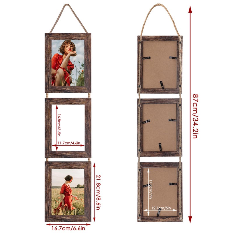 QUTREY Collage Picture Frames 5x7, 3 Openings Hanging Photo Frame Set for Vertical 5 by 7 inch Pictures for Wall, Distressed Brown, 2 Pack - Image 2