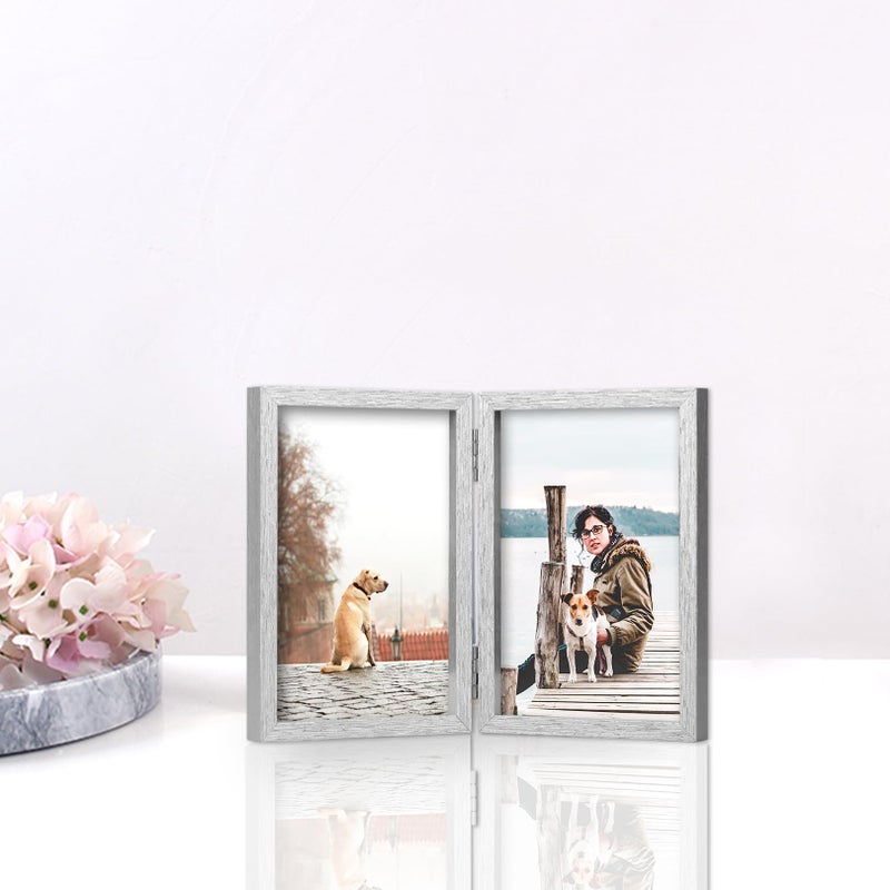 Forev 4x6 Double Picture Frame Wooden Hinged Photo Frame Definition Glass Stand Vertically on Desktop or Tabletop Silver - Image 5