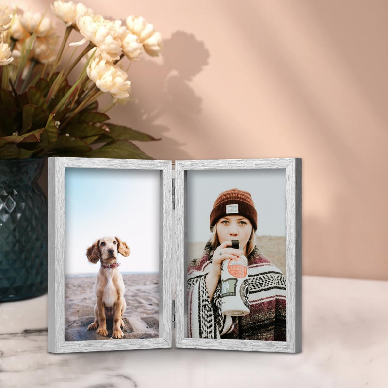 Forev 4x6 Double Picture Frame Wooden Hinged Photo Frame Definition Glass Stand Vertically on Desktop or Tabletop Silver - Image 4