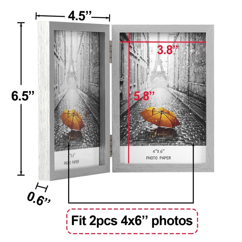 Forev 4x6 Double Picture Frame Wooden Hinged Photo Frame Definition Glass Stand Vertically on Desktop or Tabletop Silver - Image 2