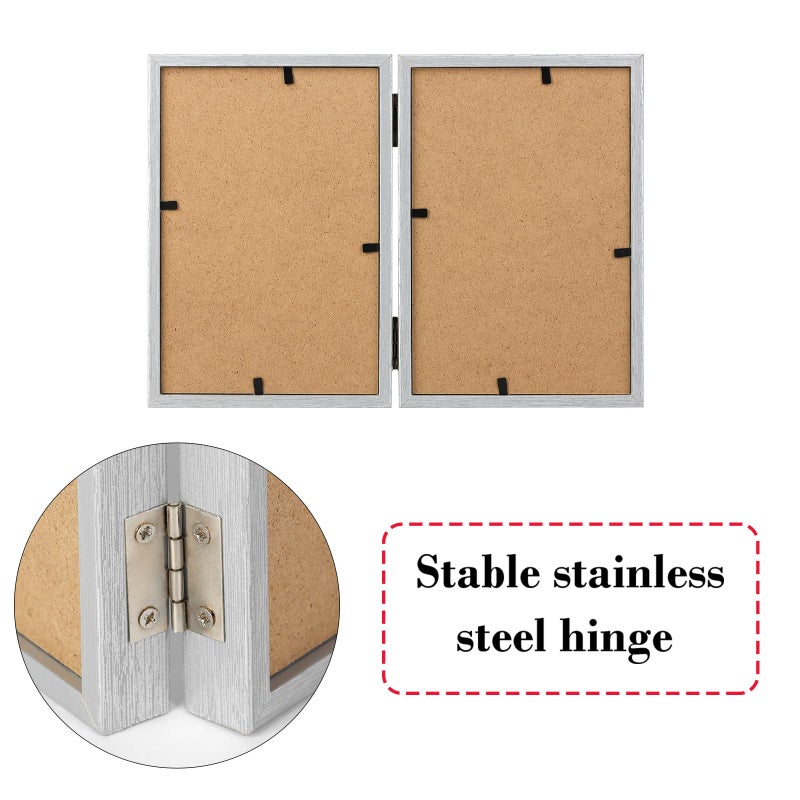 Forev 4x6 Double Picture Frame Wooden Hinged Photo Frame Definition Glass Stand Vertically on Desktop or Tabletop Silver - Image 3