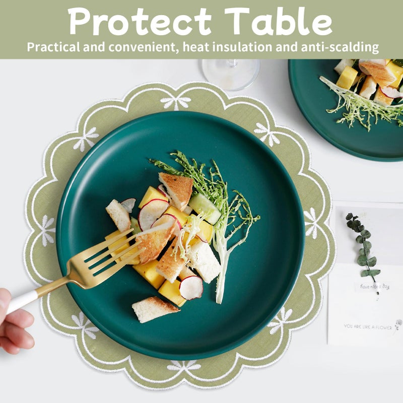 SK Studio Set of 6 Cotton Linen Placemats, 15x15 Round Scalloped Cloth Table Mats, Embroidery Double Layered Washable Dining Placemat for Hotel Restaurant Kitchen, Green - Image 4