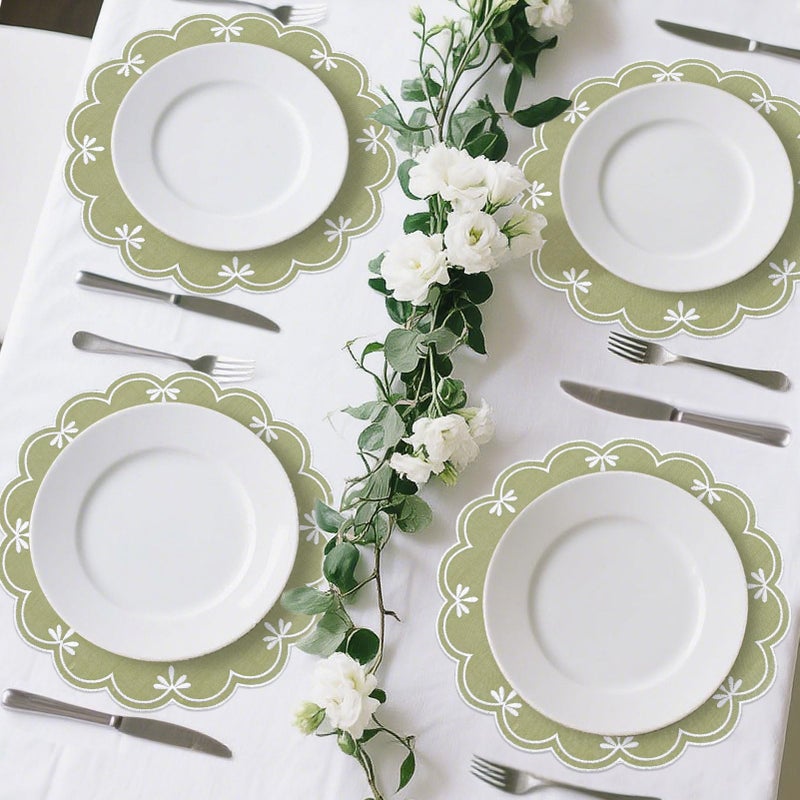 SK Studio Set of 6 Cotton Linen Placemats, 15x15 Round Scalloped Cloth Table Mats, Embroidery Double Layered Washable Dining Placemat for Hotel Restaurant Kitchen, Green - Image 5