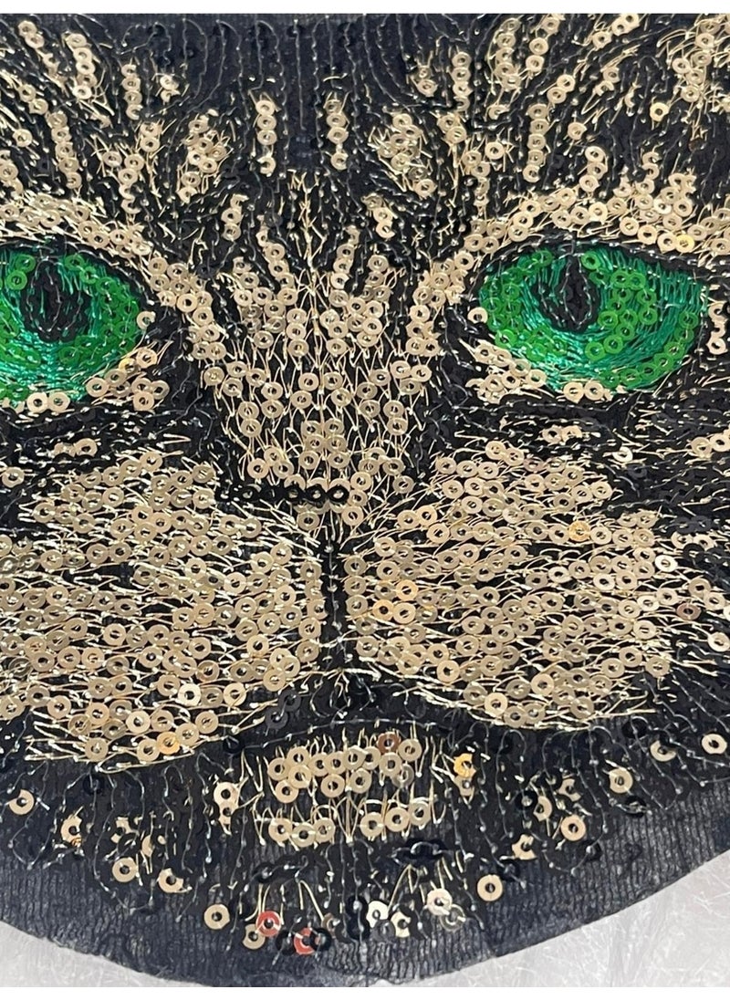 Gönülden Tasarım Heart Design 17X17 cm Sequined Green Eyes Colorful Cat Applique Badge Patch  - Image 1