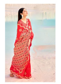 Beautiful Red Banaras Soft Silk Saree With Gold Weaving Border And Buti All Over Plus Unstitched Blouse