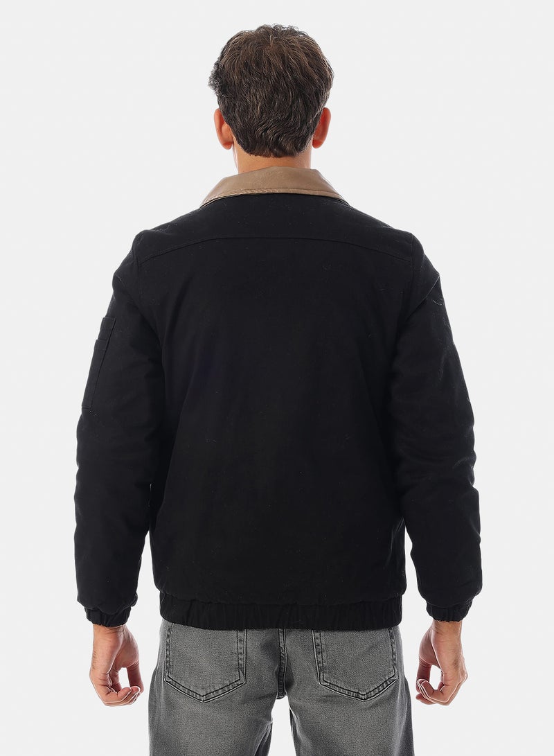 Andora Turn Down Collar Gabardine with Leather Accent Bomber Jacket - Black - Image 3