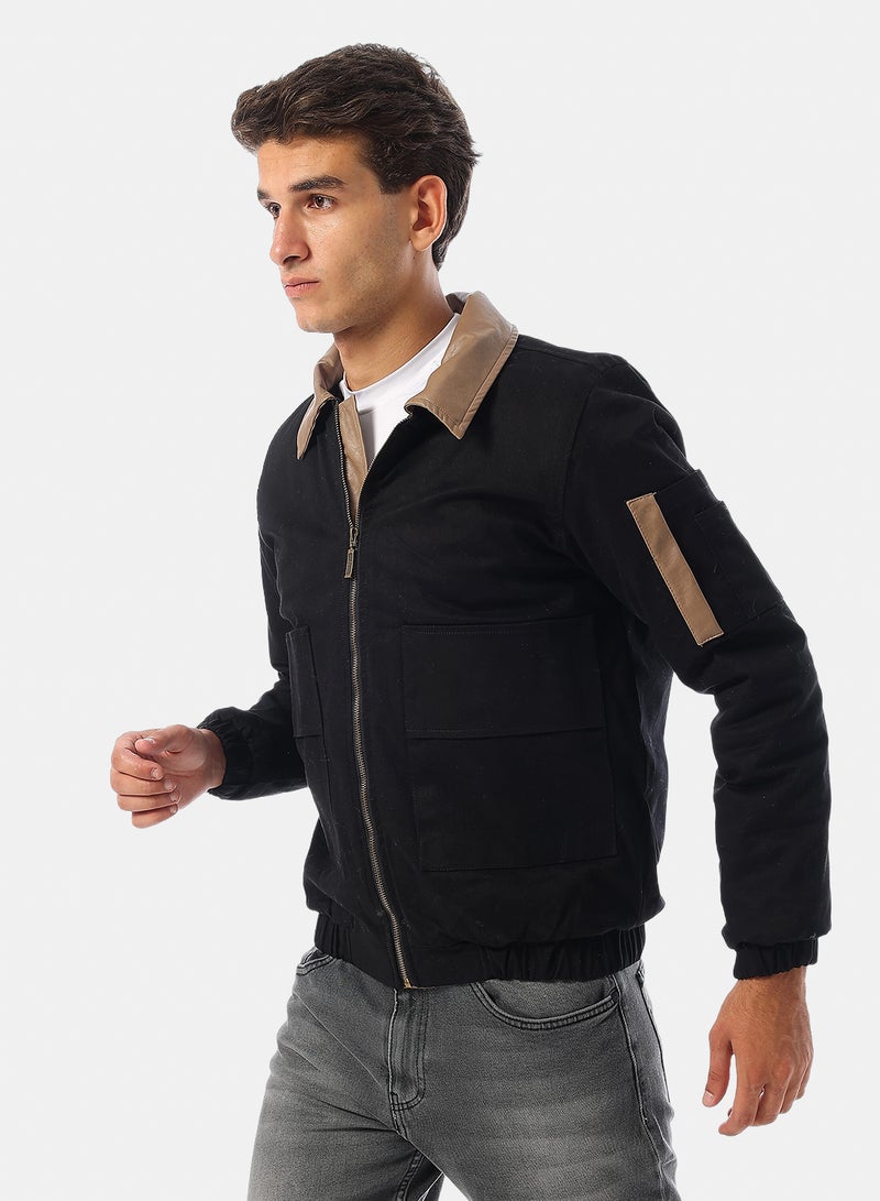 Andora Turn Down Collar Gabardine with Leather Accent Bomber Jacket - Black - Image 2