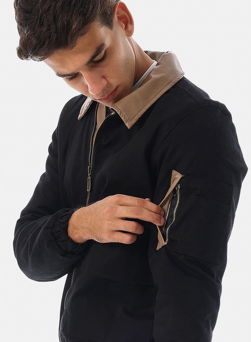 Andora Turn Down Collar Gabardine with Leather Accent Bomber Jacket - Black - Image 4