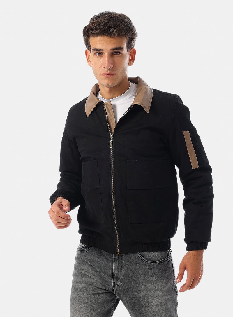 Andora Turn Down Collar Gabardine with Leather Accent Bomber Jacket - Black - Image 1