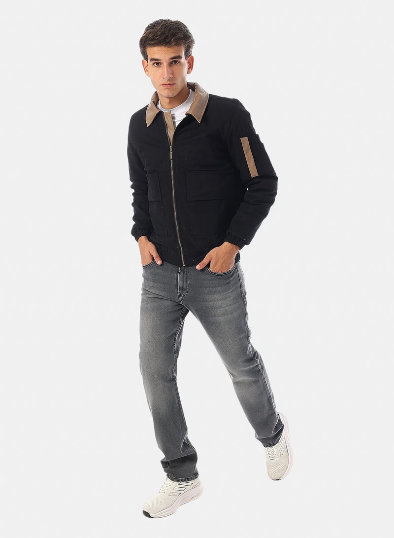 Andora Turn Down Collar Gabardine with Leather Accent Bomber Jacket - Black - Image 5