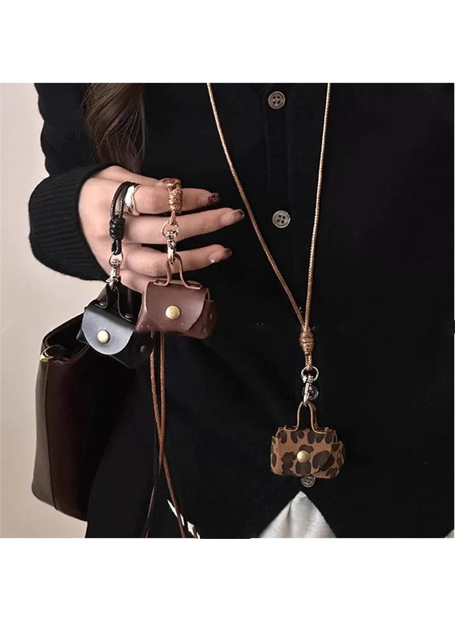2PCS Women's Bag Chain Charm Cute Coin Purse Pendant Necklace Women's Headphone Case Storage Bag Long Halterneck Autumn Winter Sweater Chain Accessories (Coffee Leopard Print + Black) - Image 2