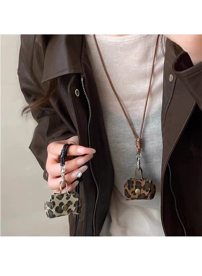 2PCS Women's Bag Chain Charm Cute Coin Purse Pendant Necklace Women's Headphone Case Storage Bag Long Halterneck Autumn Winter Sweater Chain Accessories (Coffee Leopard Print + Black) - Image 3