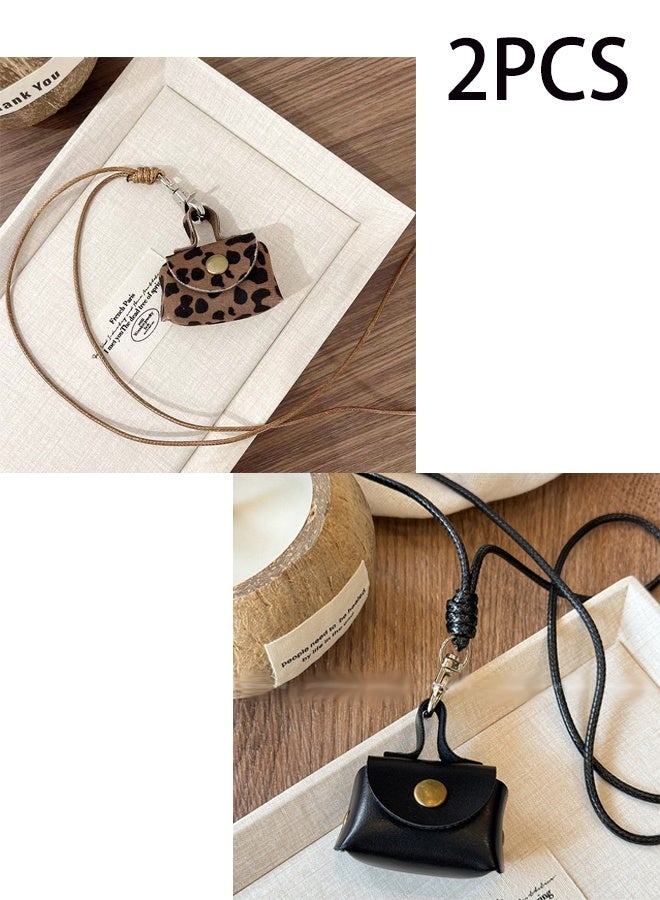 2PCS Women's Bag Chain Charm Cute Coin Purse Pendant Necklace Women's Headphone Case Storage Bag Long Halterneck Autumn Winter Sweater Chain Accessories (Coffee Leopard Print + Black) - Image 1