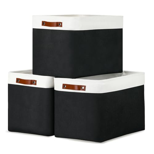 DULLEMELO Large Storage Baskets Fabric Storage Bins, Canvas Storage Basket for Shelf Toys, Decorative Large Storage Bins with Handle for Baby Gift(White&Black) - Image 1