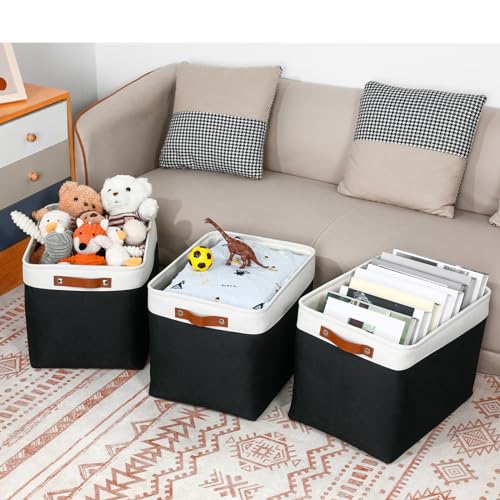 DULLEMELO Large Storage Baskets Fabric Storage Bins, Canvas Storage Basket for Shelf Toys, Decorative Large Storage Bins with Handle for Baby Gift(White&Black) - Image 4