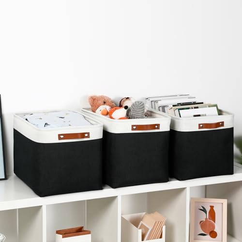 DULLEMELO Large Storage Baskets Fabric Storage Bins, Canvas Storage Basket for Shelf Toys, Decorative Large Storage Bins with Handle for Baby Gift(White&Black) - Image 3