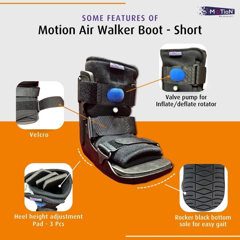 MOTION Air Walker Boot – Short Length | Size - Medium| Pneumatic Fracture Walker Boot with Air Inflator pump for Ankle & Foot Recovery | Color - Black - Image 2