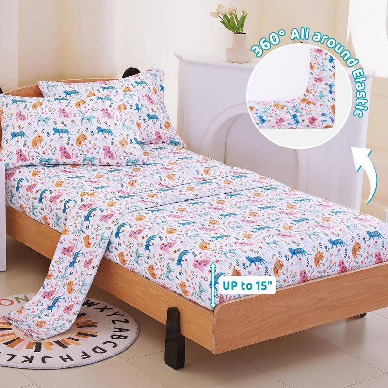 Viviland 3 Pieces Girls Pink Cat Twin Sheet Set - Soft Microfiber Fitted Flat Sheets & Pillowcase - Kids Colorful Floral Leaf Print Bedding Sets - for Kids & Toddlers - Image 5