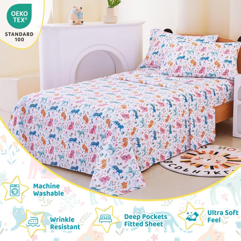 Viviland 3 Pieces Girls Pink Cat Twin Sheet Set - Soft Microfiber Fitted Flat Sheets & Pillowcase - Kids Colorful Floral Leaf Print Bedding Sets - for Kids & Toddlers - Image 3