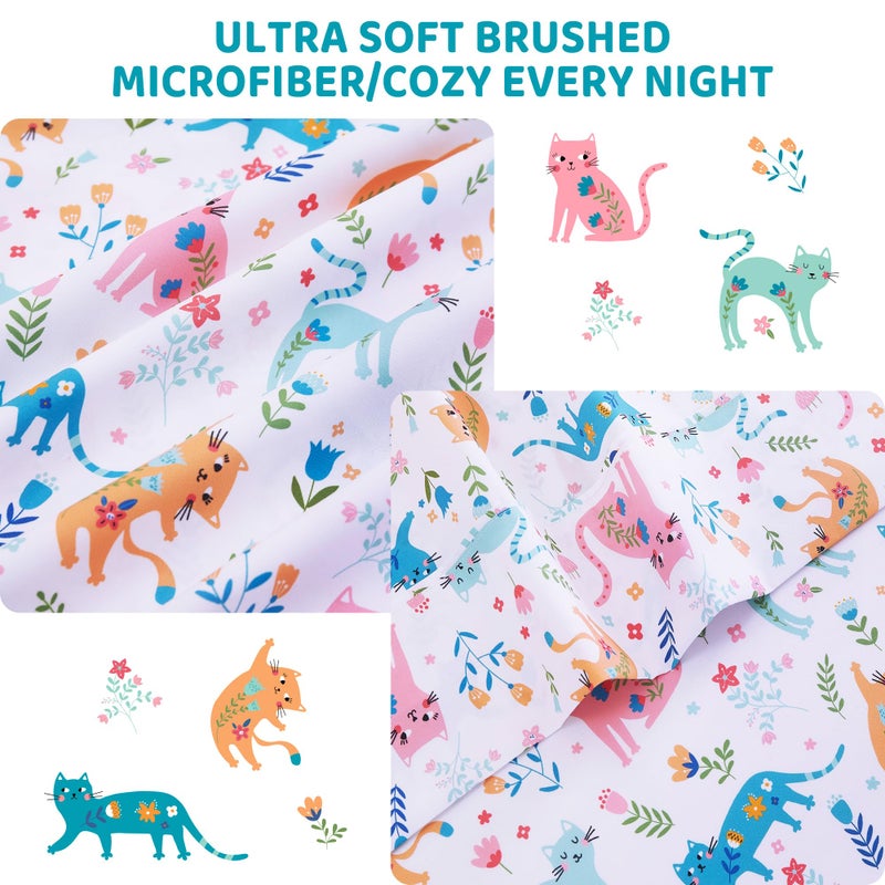 Viviland 3 Pieces Girls Pink Cat Twin Sheet Set - Soft Microfiber Fitted Flat Sheets & Pillowcase - Kids Colorful Floral Leaf Print Bedding Sets - for Kids & Toddlers - Image 4