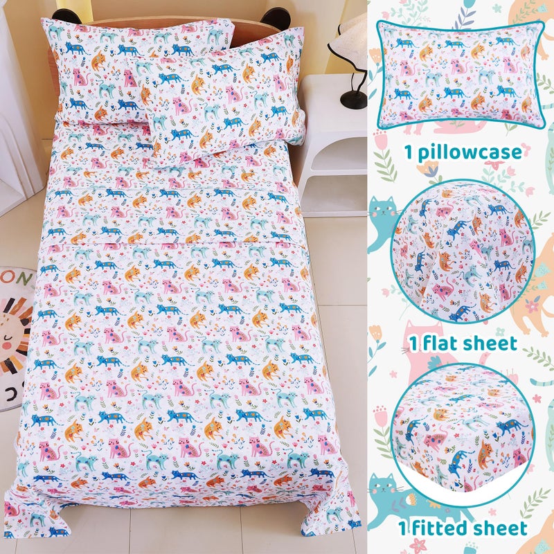 Viviland 3 Pieces Girls Pink Cat Twin Sheet Set - Soft Microfiber Fitted Flat Sheets & Pillowcase - Kids Colorful Floral Leaf Print Bedding Sets - for Kids & Toddlers - Image 2