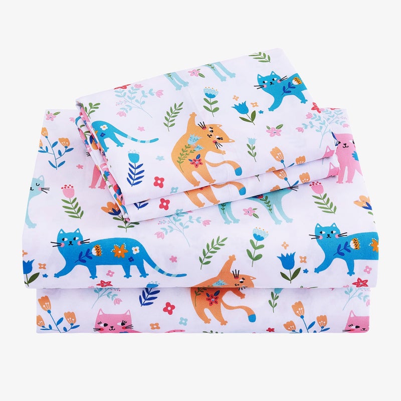 Viviland 3 Pieces Girls Pink Cat Twin Sheet Set - Soft Microfiber Fitted Flat Sheets & Pillowcase - Kids Colorful Floral Leaf Print Bedding Sets - for Kids & Toddlers - Image 1