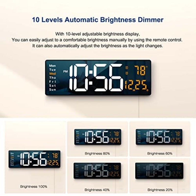 ساعة حائط رقمية كبيرة ذات شاشة عرض كبيرة بقياس 16.2 بوصة ساعة حائط رقمية LED مع جهاز تحكم عن بعد لزينة غرفة المعيشة سطوع تلقائي منخفِض، ساعة كبيرة مع تاريخ، أسبوع، حرارة، لون برتقالي - Image 5