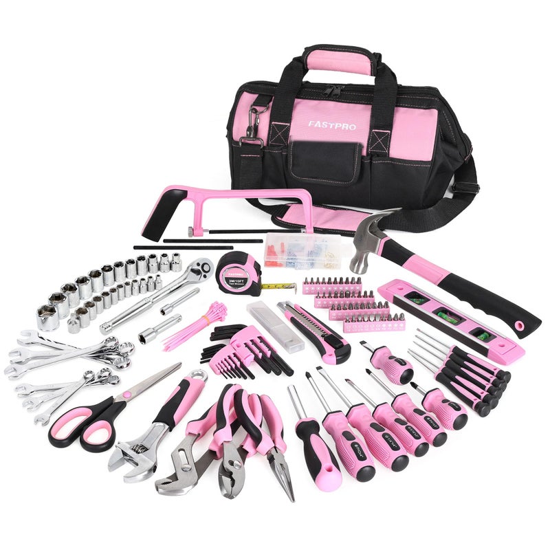 FASTPRO 267-Piece Pink Tool Set, Home Repairing Tool Kit with 13-Inch Wide Mouth Open Tool Bag, Mechanics Hand Tool Kit for DIY, Home Maintenance - Image 1