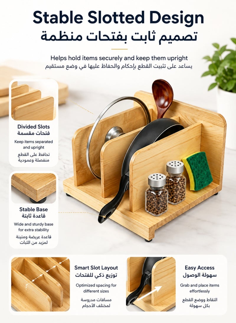 ZIMNEST Wooden Pot Lid & Cutting Board Organizer, 4-Slot Kitchen Cabinet Storage Rack for Baking Trays, Pans, Lids and Chopping Boards, Space Saving Countertop Holder - Image 4