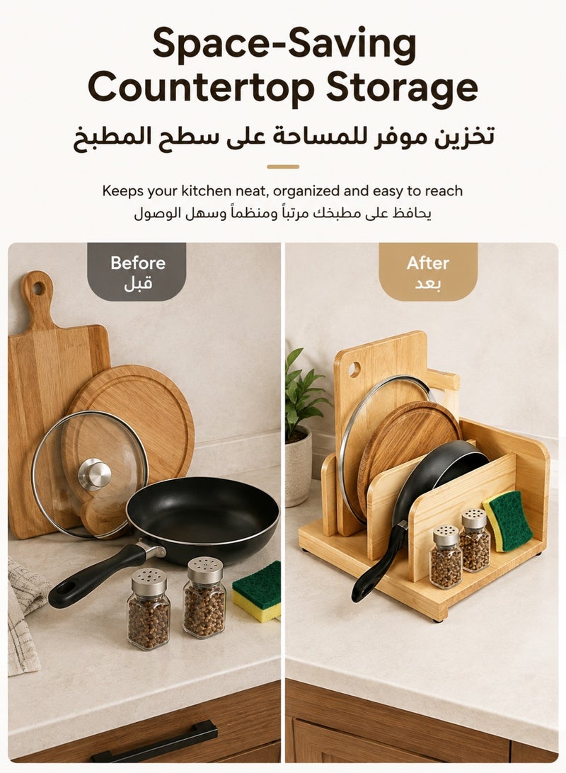 ZIMNEST Wooden Pot Lid & Cutting Board Organizer, 4-Slot Kitchen Cabinet Storage Rack for Baking Trays, Pans, Lids and Chopping Boards, Space Saving Countertop Holder - Image 3