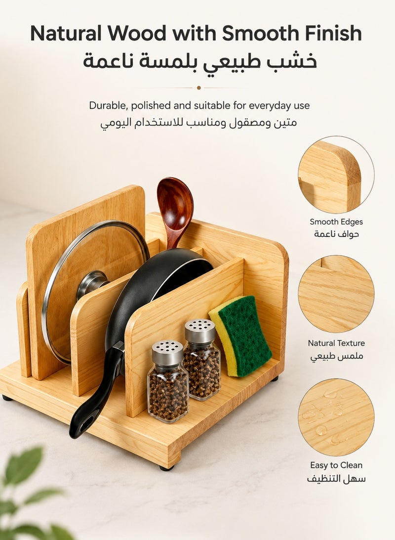 ZIMNEST Wooden Pot Lid & Cutting Board Organizer, 4-Slot Kitchen Cabinet Storage Rack for Baking Trays, Pans, Lids and Chopping Boards, Space Saving Countertop Holder - Image 5