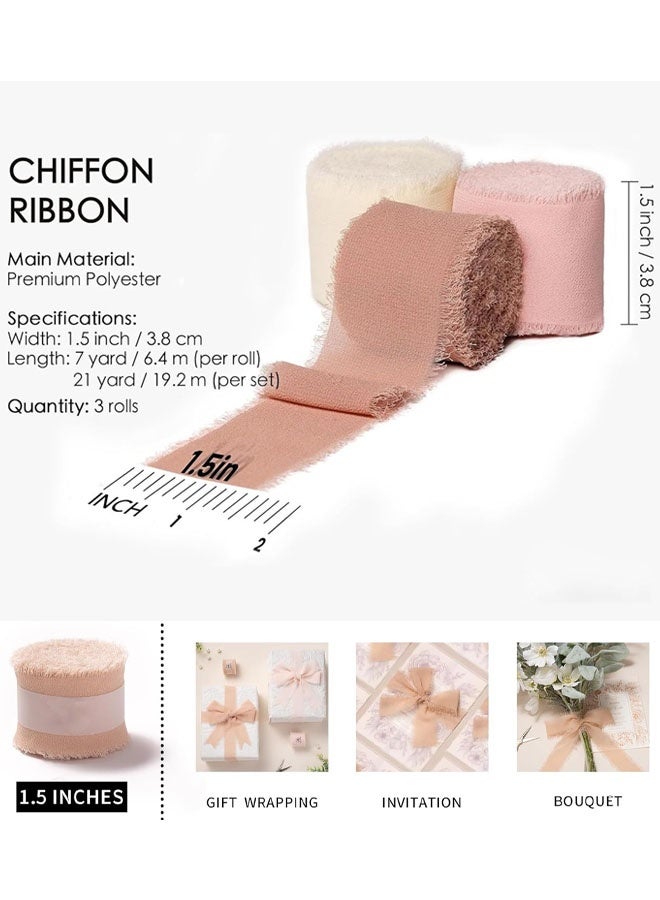 Pink And Cream Chiffon Ribbon For Flower Bouquet, 1.5" x21Yd Fabric Ribbon For Gift Wrapping, Handmade Frayed Ribbon For Wedding Invitations / Christmas Decorations - Image 2