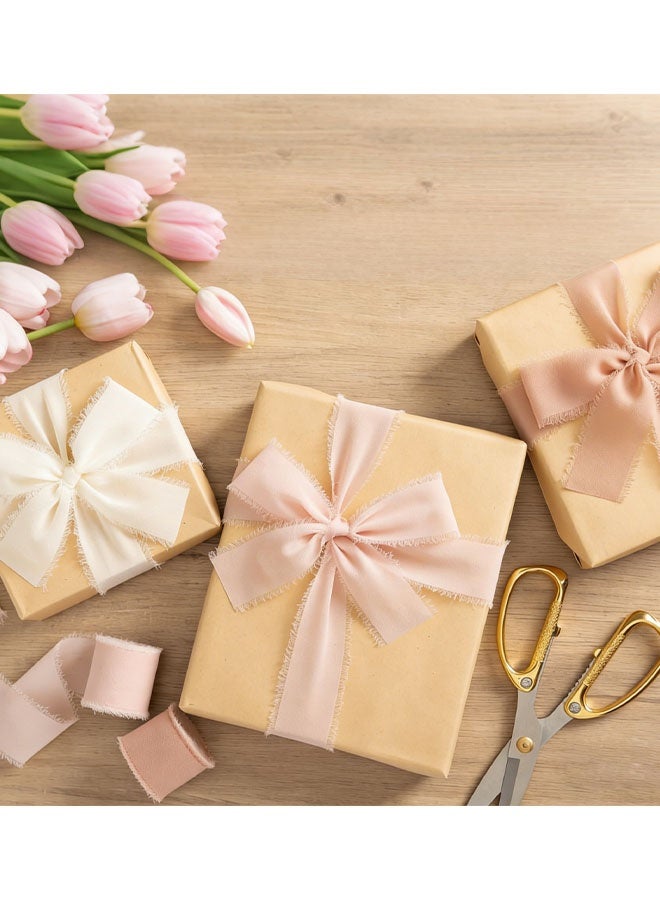 Pink And Cream Chiffon Ribbon For Flower Bouquet, 1.5" x21Yd Fabric Ribbon For Gift Wrapping, Handmade Frayed Ribbon For Wedding Invitations / Christmas Decorations - Image 4